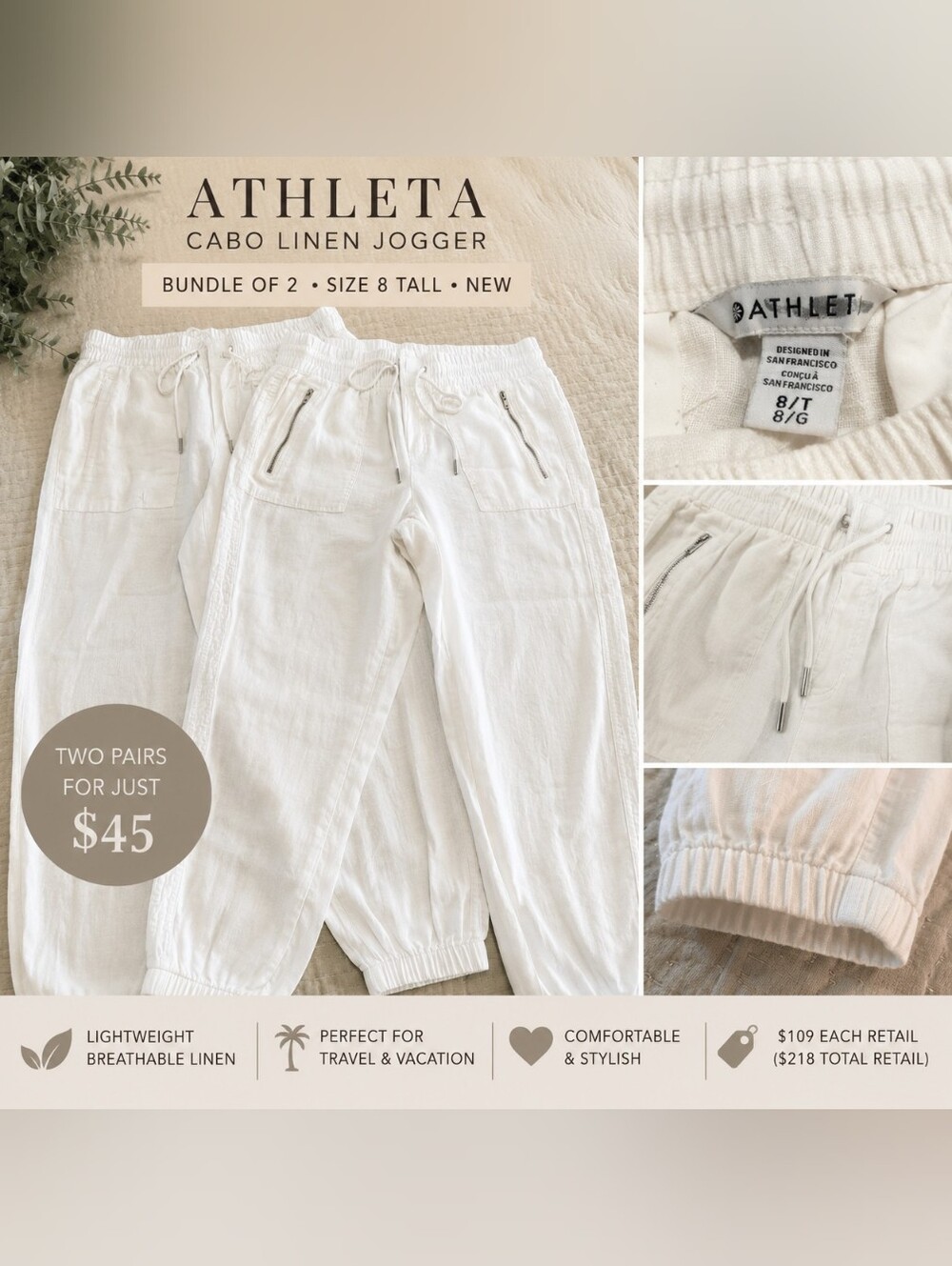 🦚Athleta Cabo Linen Joggers White 8 Tall | NEW | Bundle of 2